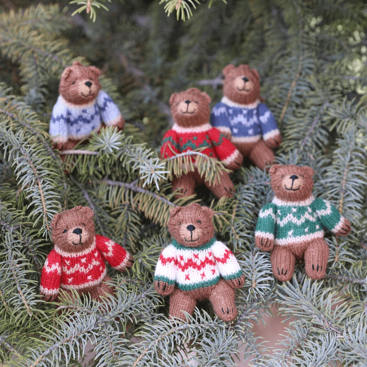 Set of Six Hand - Knit Artisan Brown Bear Christmas Ornaments - Hearth Home & Living