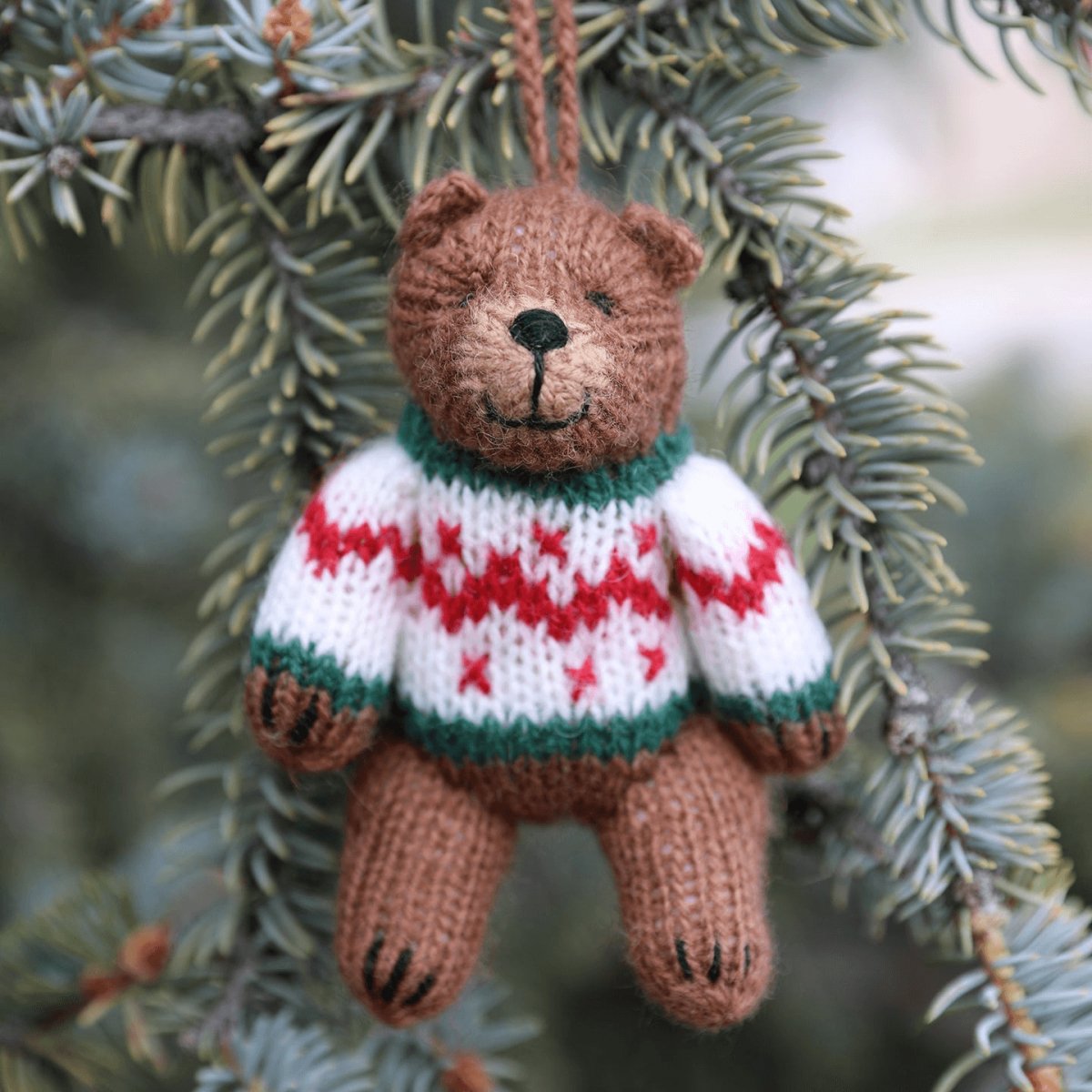 Set of Six Hand - Knit Artisan Brown Bear Christmas Ornaments - Hearth Home & Living