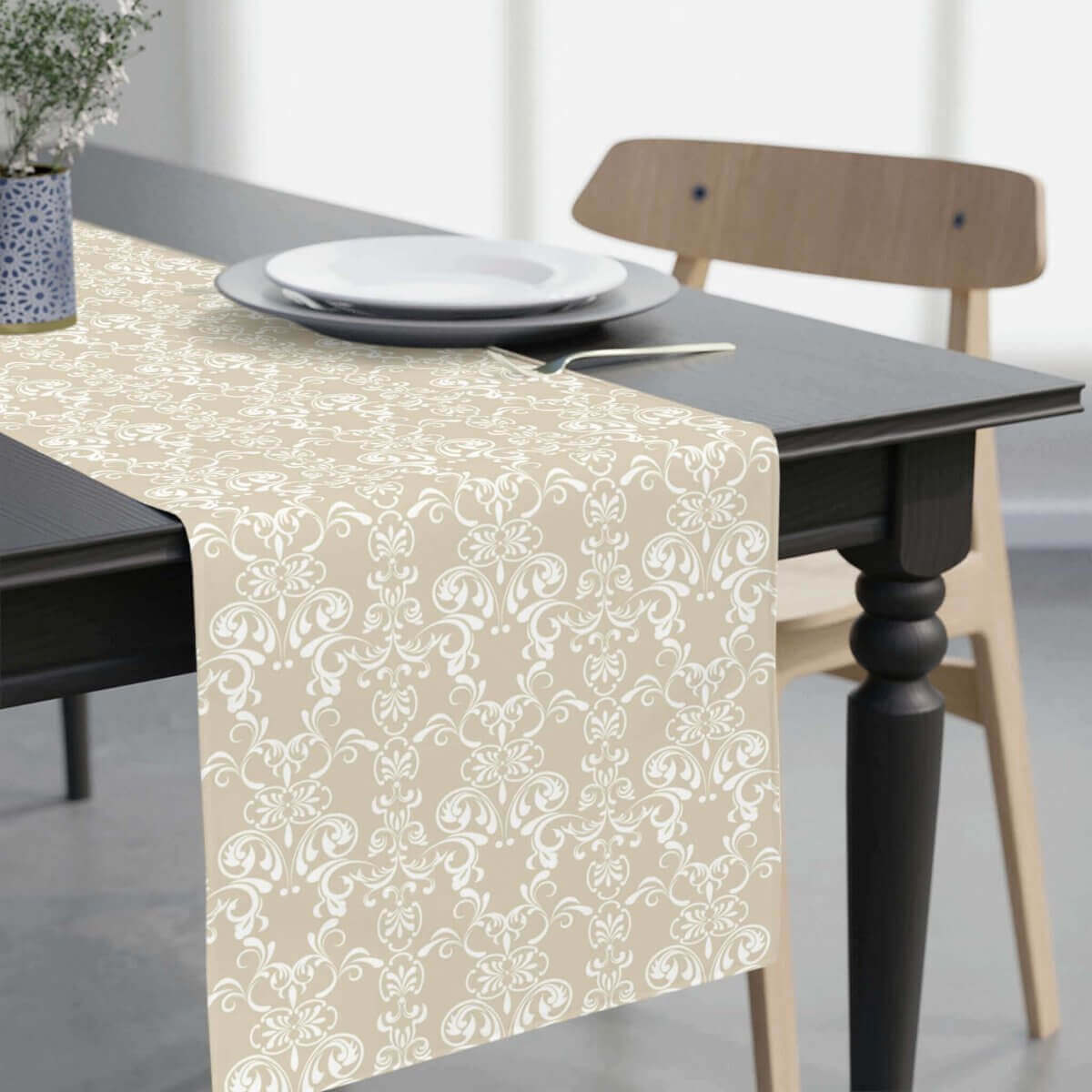 Tan & White Floral Pattern Table Runner - Hearth Home & Living