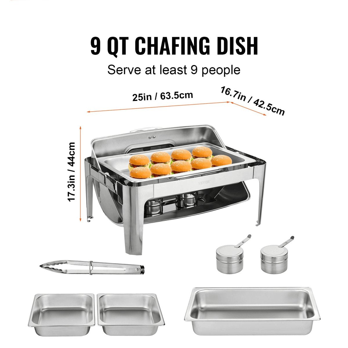 VEVOR Rectangle Roll Top Chafing Dish with 9Qt Pan Visual Glass Lid Fuel Holder - Hearth Home & Living