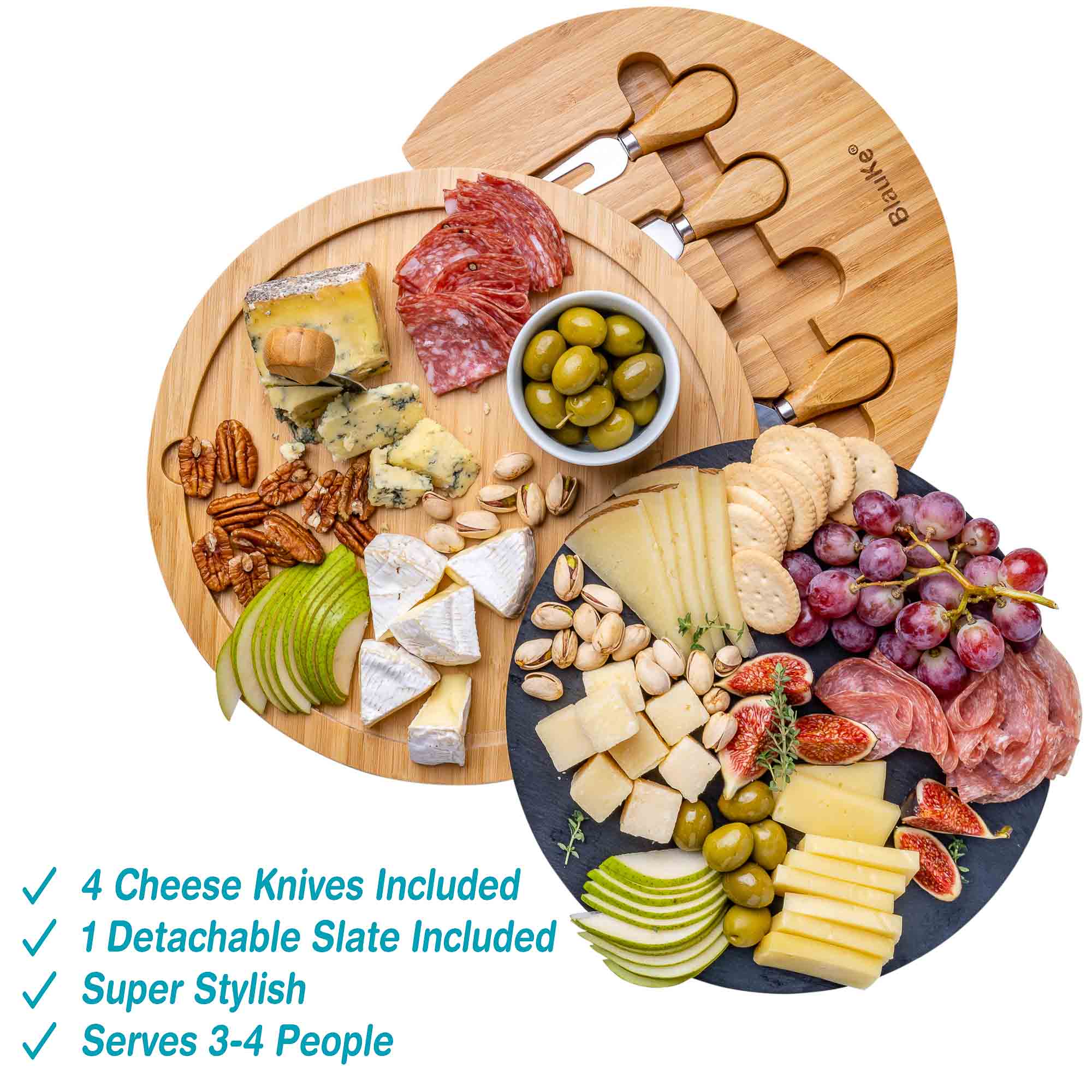 Round Bamboo Cheese Board with Knife Set and Removable Slate - 12 inch Swiveling Charcuterie Board-9