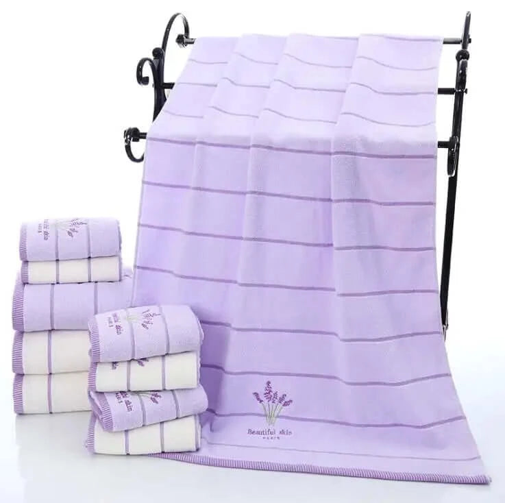 Embroidered Cotton Lavender Purple Bath Towel Set of Three -6