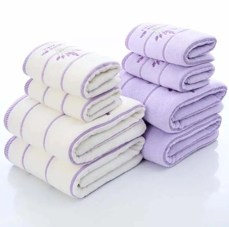 Embroidered Cotton Lavender Purple Bath Towel Set of Three -7