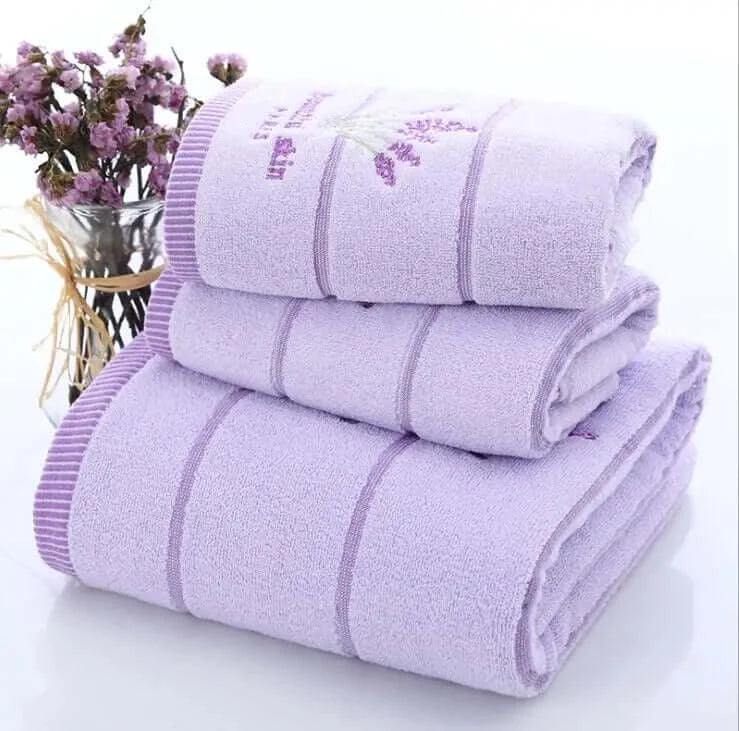 Embroidered Cotton Lavender Purple Bath Towel Set of Three -1