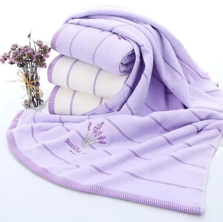 Embroidered Cotton Lavender Purple Bath Towel Set of Three -5