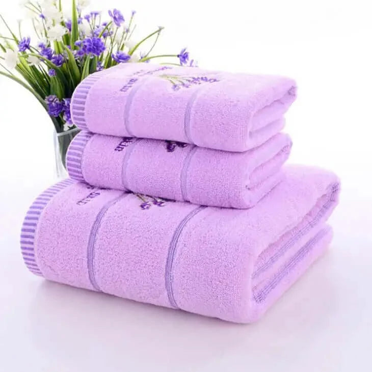 Embroidered Cotton Lavender Purple Bath Towel Set of Three -4